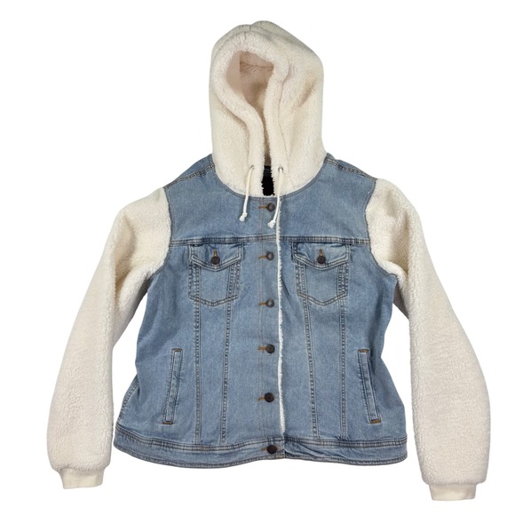 Maurices Womens Hooded Denim Jacket Sherpa Sleeves Light Wash Fall Fashion - Picture 1 of 8